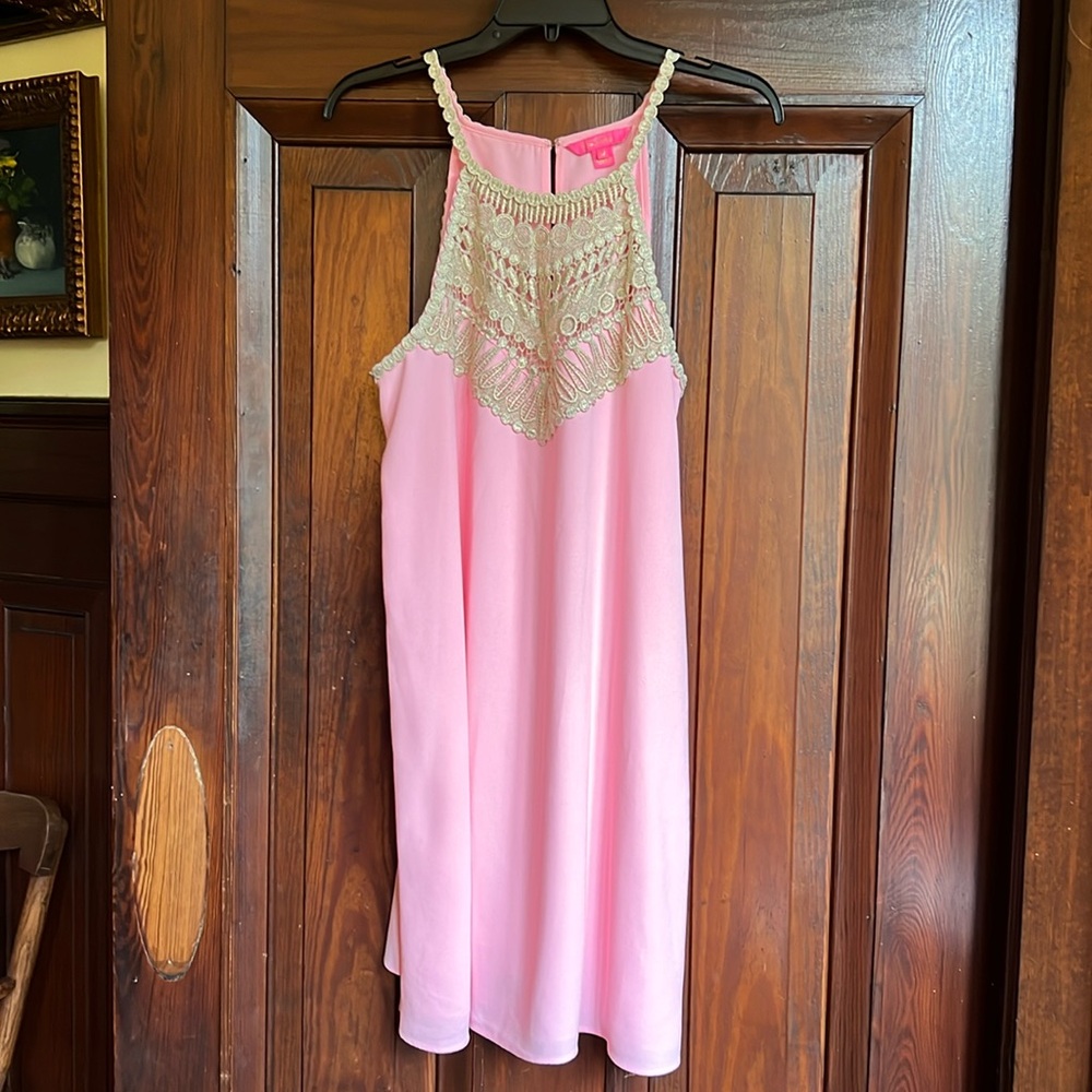 Lilly Pulitzer pink sundress with gold detail